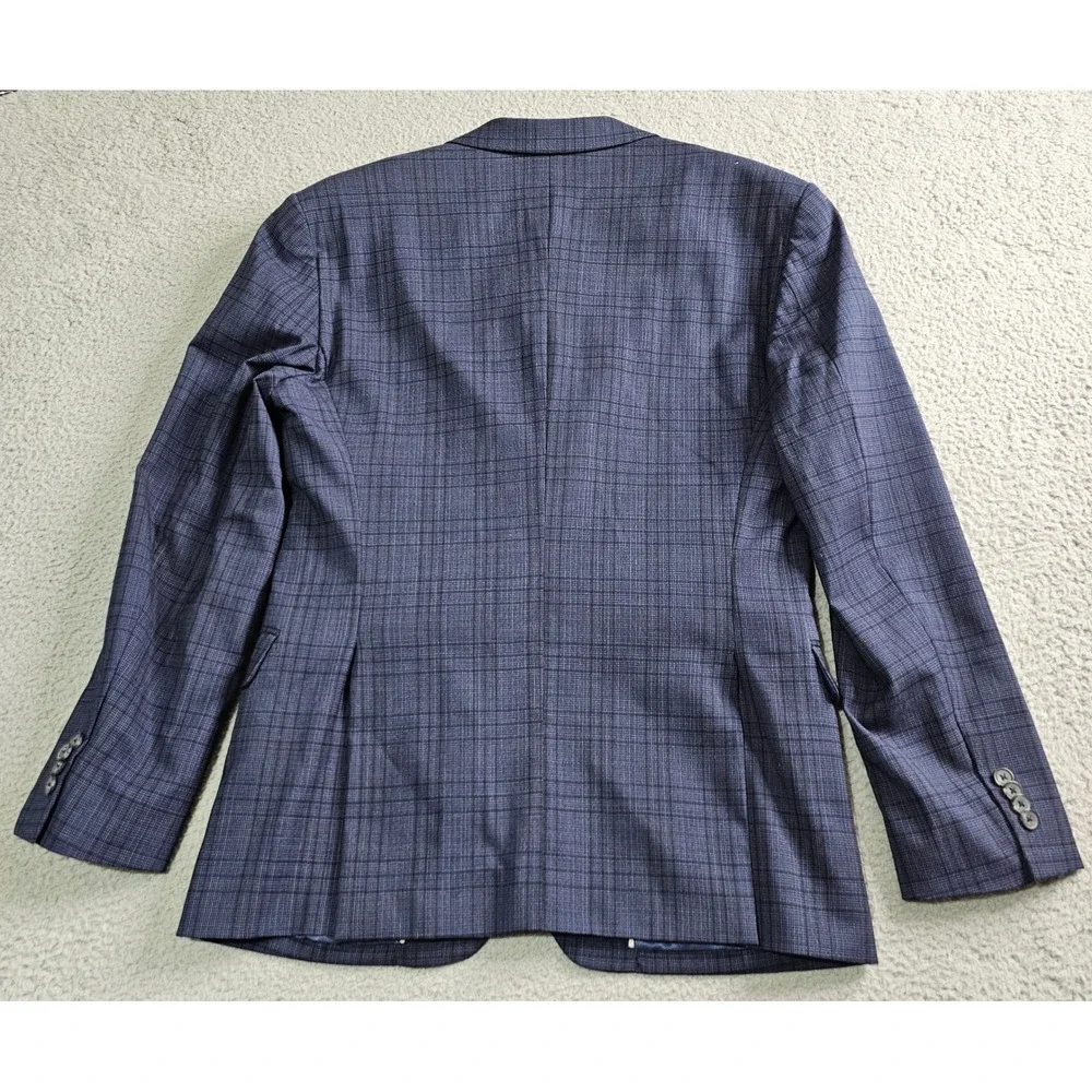 Awearness Kenneth Cole Sport Coat Mens 42R Blue Plaid Slim Fit Wool Blend Blazer